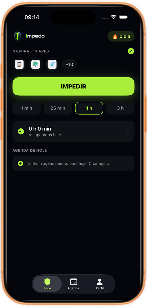 App Impedo bloqueando 13 apps, com o bloqueio manual ativo