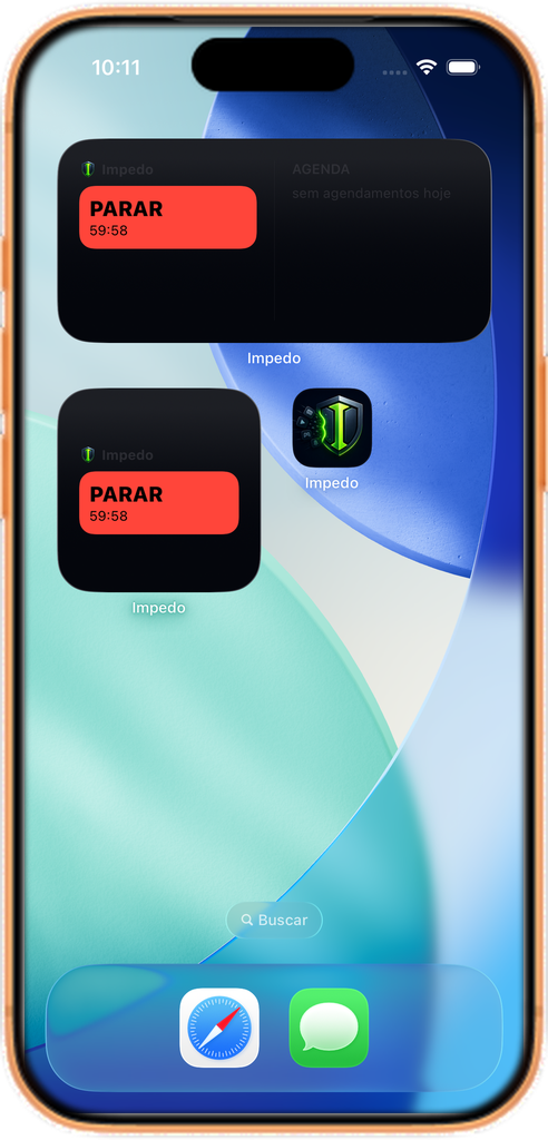 Widgets do Impedo mostrando o bloqueio ativo, com o botão de parar