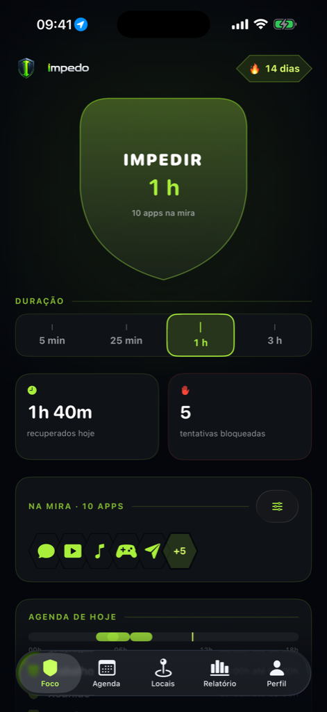 Aba Foco do Impedo, com 10 apps na mira e sequência de 14 dias