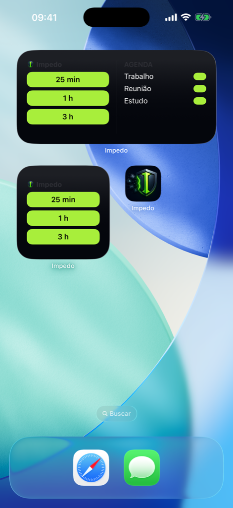 Tela de Início com os widgets do Impedo e as durações de bloqueio