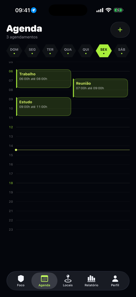 Aba Agenda do Impedo com três agendamentos no trilho do dia