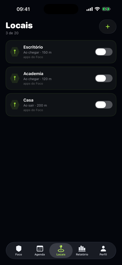 Aba Locais do Impedo com escritório, academia e casa cadastrados