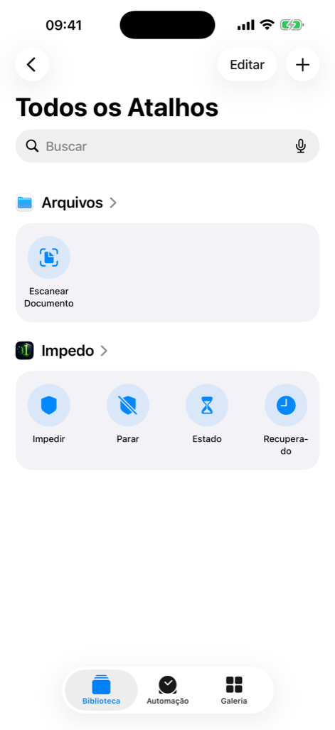 Atalhos do Impedo no app Atalhos: Impedir, Parar, Estado e Recuperado
